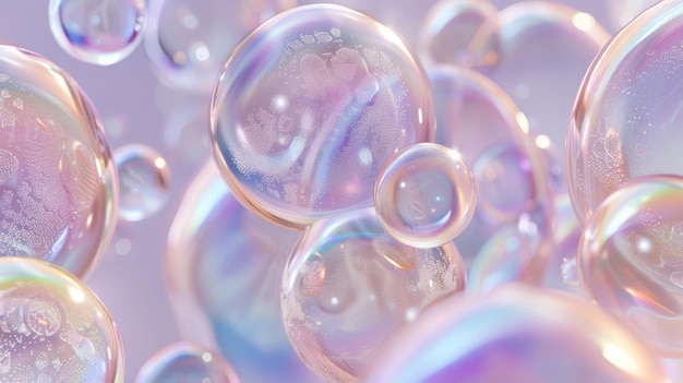 Un rendering 3D che mostra bolle di sapone iridescenti e palle trasluci su uno sfondo astratto
