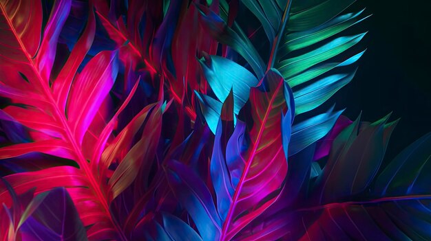 Un rendering 3D creativo di foglie tropicali in colori al neon olografici Immagine generata da AI