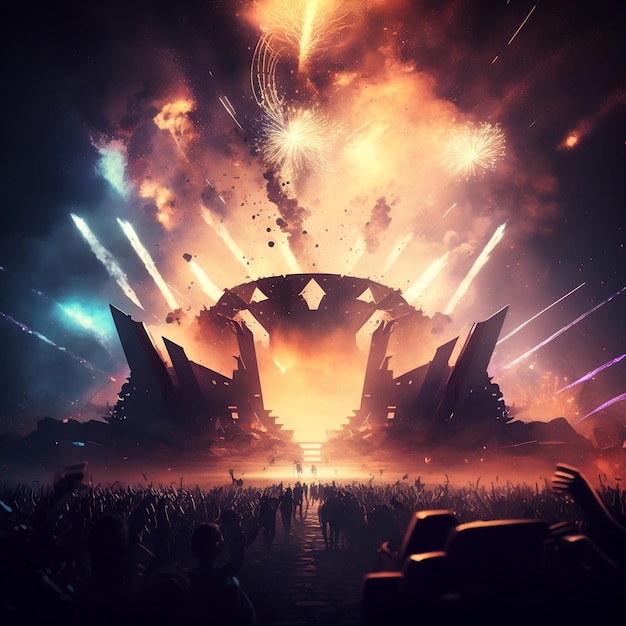 Un rendering 3D del palco principale di un grande festival EDM immaginario con fuochi d'artificio, falò di coriandoli e una folla Generative Ai
