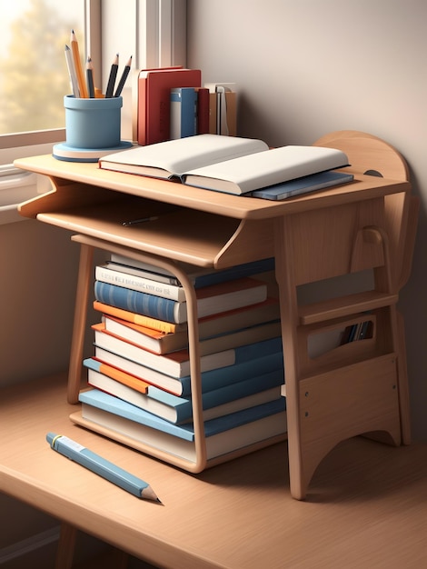 Un rendering 3D dettagliato di una scrivania per studenti con una pila di libri di testo e un portamatite