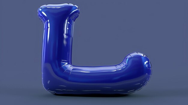 Un rendering 3D di alta qualità di un palloncino blu a forma di lettera L Il palloncino è su uno sfondo blu scuro e ha una superficie riflettente lucida