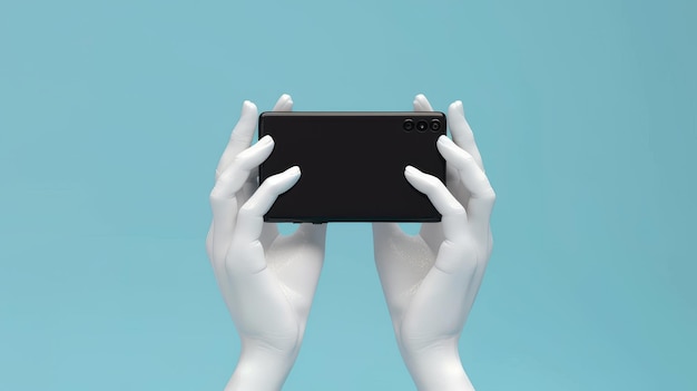 Un rendering 3D di mani di manichino bianco che tengono uno smartphone nero astratto concetto tecnologico futuristico con smartphone neri isolati su sfondi blu