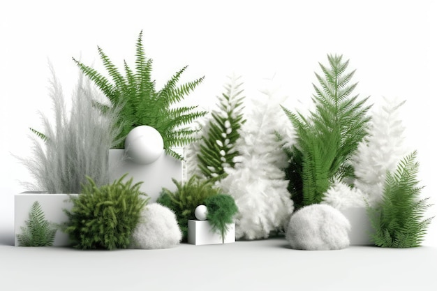Un rendering 3d di piante e una scatola.