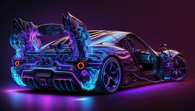 Un rendering 3D di un'auto dal design futuristico al neon