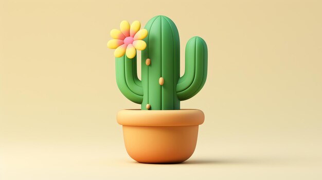 Un rendering 3D di un cactus dei cartoni animati in un vaso d'argilla Il cactus ha un fiore rosa in cima Il caktus è seduto su uno sfondo giallo solido