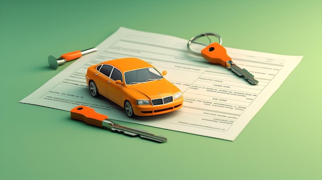 Un rendering 3D di un contratto di noleggio in stile cartone animato e un set di chiavi dell'auto