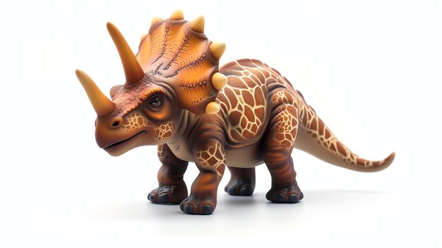 Un rendering 3D di un dinosauro triceratops dei cartoni animati Il dinosauro è marrone e ha una pancia gialla