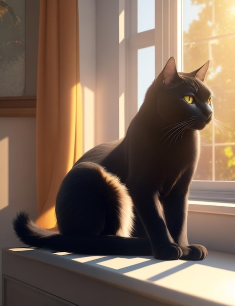 Un rendering 3D di un elegante gatto nero appollaiato su un davanzale soleggiato