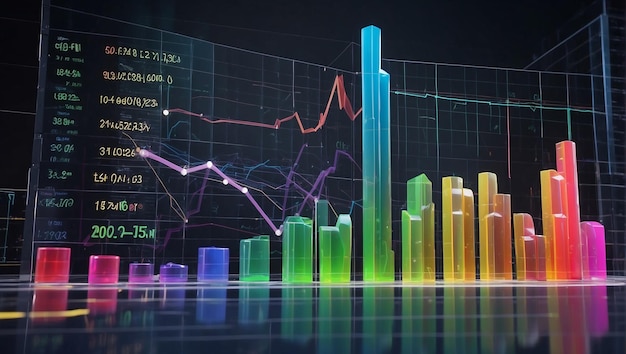 Un rendering 3D di un grafico del mercato azionario con barre verdi e rosse