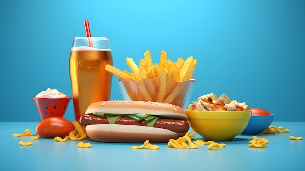 Un rendering 3D di un hotdog nachos e una soda su uno sfondo blu brillante