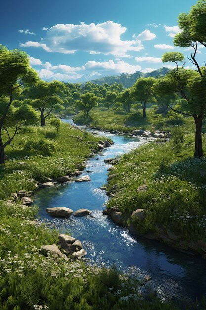 un rendering 3D di un lussureggiante paesaggio verde diviso da un fiume meandrante