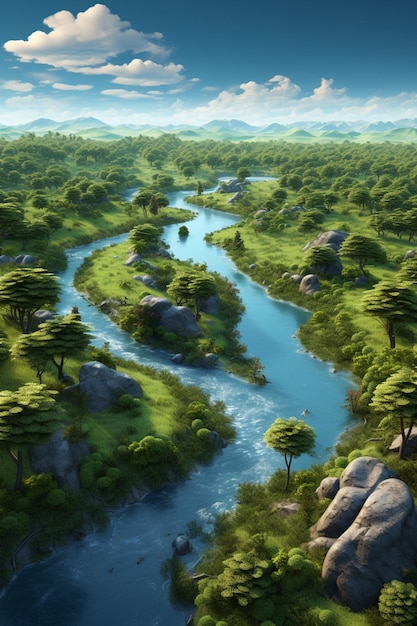 un rendering 3D di un lussureggiante paesaggio verde diviso da un fiume meandrante