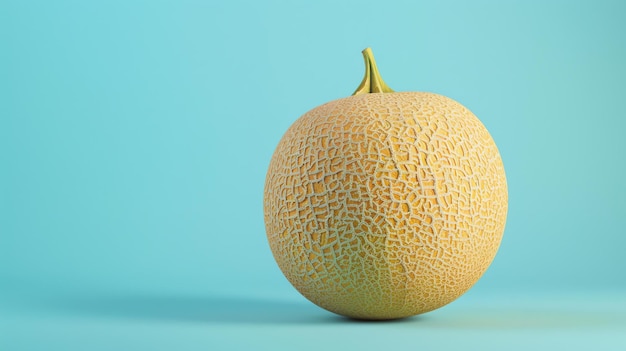 Un rendering 3D di un melone su uno sfondo blu Il melone è perfettamente rotondo e ha una superficie leggermente costellata