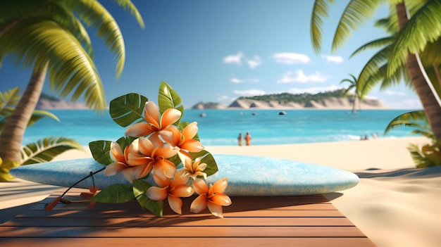 Un rendering 3D di un paradiso tropicale con occhiali da sole e una tavola da surf