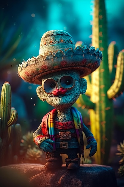 Un rendering 3d di un personaggio messicano che indossa un sombrero e un sombrero.