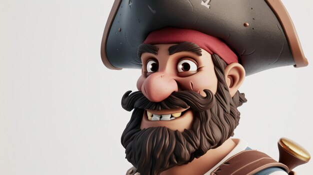 Un rendering 3D di un pirata dei cartoni animati indossa un cappello marrone e una bandana rossa ha la barba e i baffi