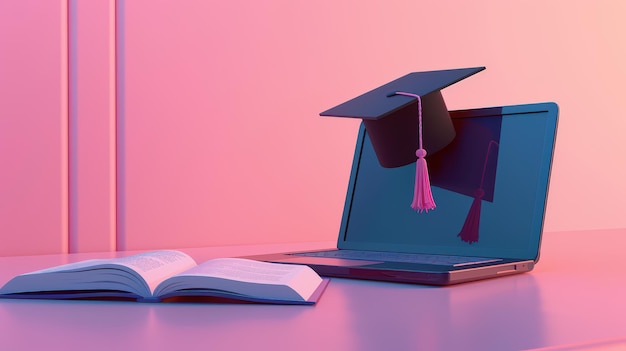 Un rendering 3D di un portatile elegante con un libro aperto accanto e un tappo di laurea posto in cima