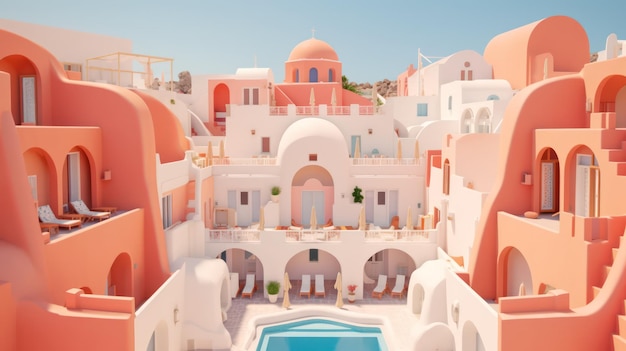 Un rendering 3d di un resort con una piscina al centro.