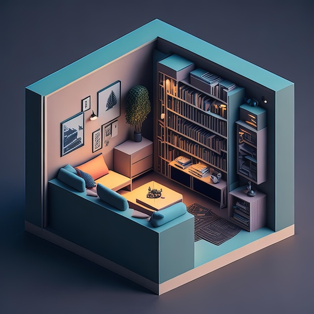 Un rendering 3d di un soggiorno con divano e libreria.