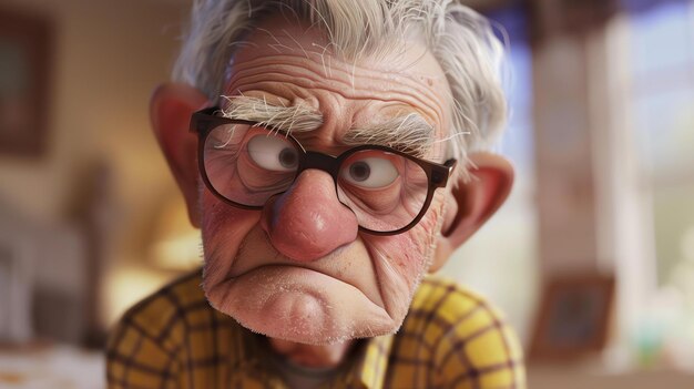 Un rendering 3D di un vecchio con gli occhiali ha un'espressione scontrosa sul viso e sta guardando la telecamera indossa una camicia a quadri gialla