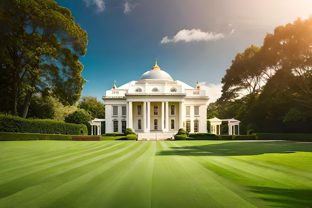 Un rendering 3d di una casa bianca con un prato verde e alberi sullo sfondo.