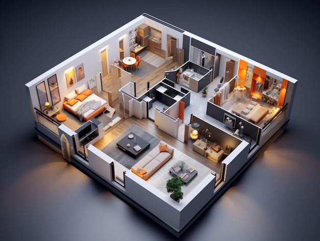 Un rendering 3d di una casa con soggiorno e cucina.