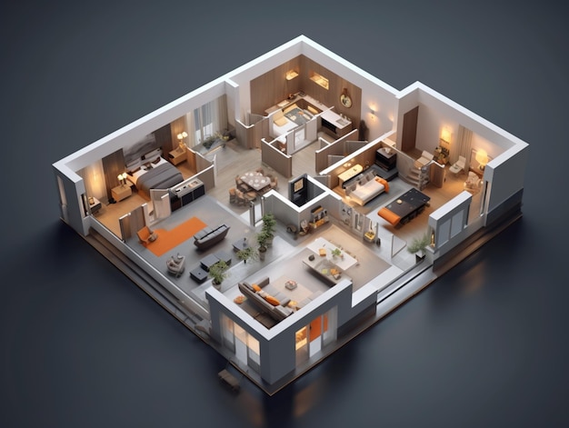 Un rendering 3d di una casa con soggiorno e soggiorno.