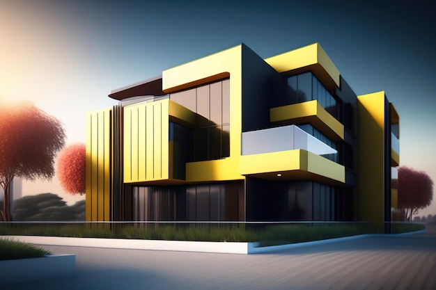 Un rendering 3d di una casa moderna con un esterno giallo.