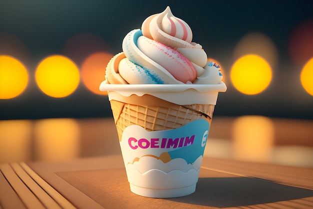 Un rendering 3d di una coppa di gelato con la parola "coimmi" su di essa