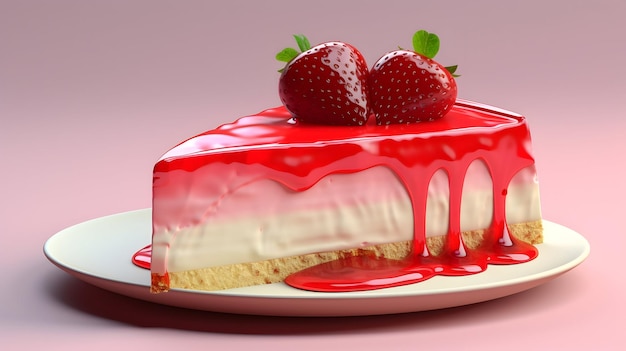 Un rendering 3D di una fetta di cremoso cheesecake alla fragola con una compota di bacche