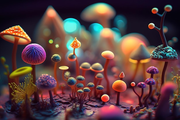 Un rendering 3d di una foresta di funghi.