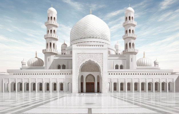 Un rendering 3d di una moschea con un cielo blu sullo sfondo.
