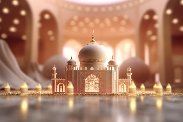 Un rendering 3d di una moschea con una cupola al centro