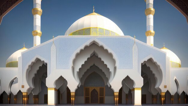 Un rendering 3d di una moschea con uno sfondo blu e le parole "moschea" sul davanti.