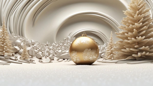 Un rendering 3d di una palla di Natale con alberi sullo sfondo.