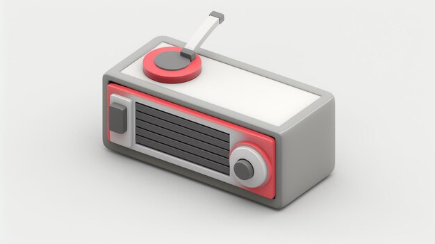 Un rendering 3D di una radio retro con un'antenna La radio è grigia e rossa con un quadrante bianco La radio è seduta su una superficie bianca