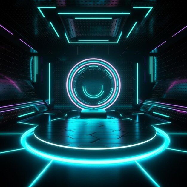 Un rendering 3d di una scena al neon con un cerchio rotondo al centro.