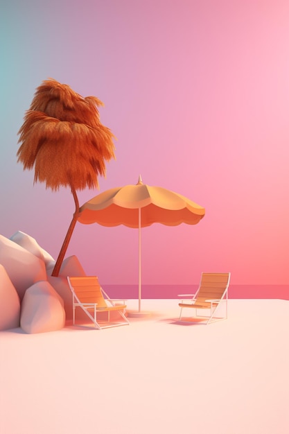 Un rendering 3d di una scena di spiaggia con un albero e un ombrellone.