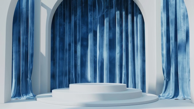 Un rendering 3D di una semplice scena di vetrina di un prodotto con un podio e uno sfondo astratto con una tenda di velluto blu dietro il palco bianco vuoto