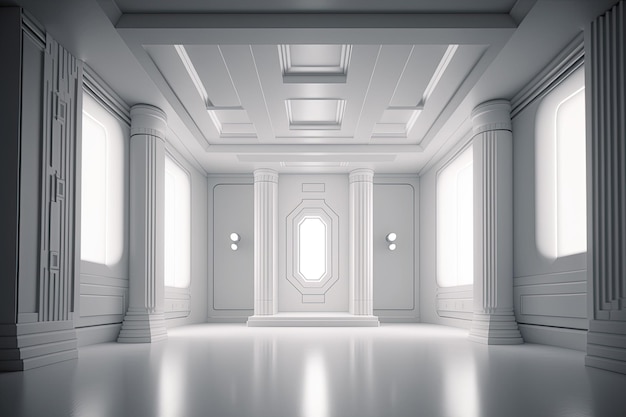 Un rendering 3d di una stanza con colonne e finestre.