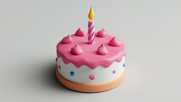 Un rendering 3D di una torta di compleanno rosa con una singola candela in cima La torta è decorata con glassa bianca e spruzzi rosa e blu