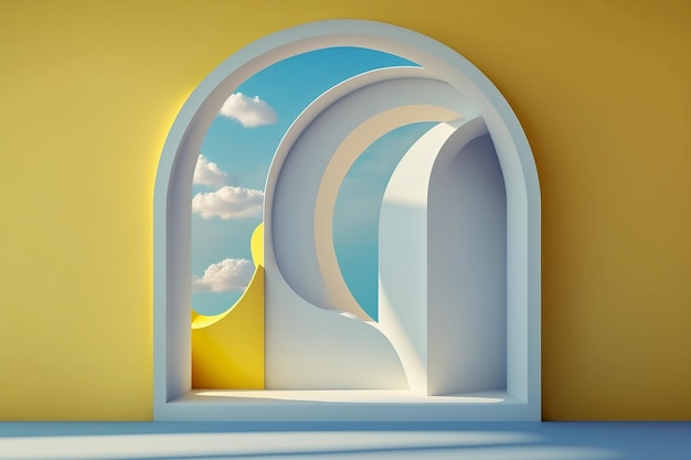 Un rendering 3D di uno sfondo astratto con cielo blu all'interno delle finestre ad arco sul muro giallo