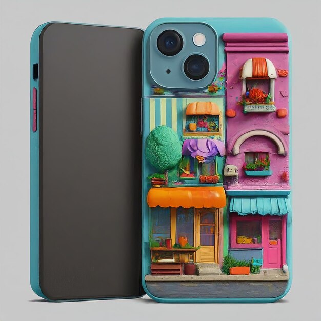 un rendering 3D di uno smartphone con un disegno colorato isolato su uno sfondo nero