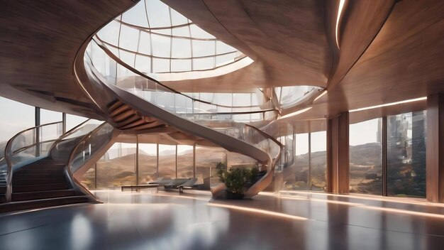 Un rendering 3D di uno spazio futuristico con una scala curva e l'interno dell'edificio