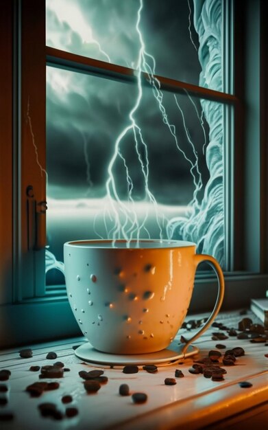 Un rendering 3D fotorealistico di una tazza posizionata accanto alla finestra con una gentile pioggia che cade fuori