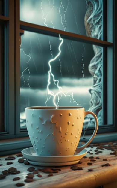 Un rendering 3D fotorealistico di una tazza posizionata accanto alla finestra con una gentile pioggia che cade fuori