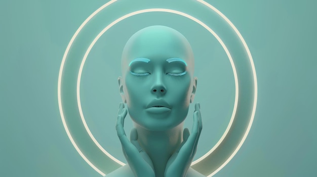 Un rendering 3D isolato di un manichino futuristico con testa calva e mani all'interno di una cornice rotonda al neon su uno sfondo verde menta Questa immagine può essere utilizzata come vetrina di prodotti per gioielli o