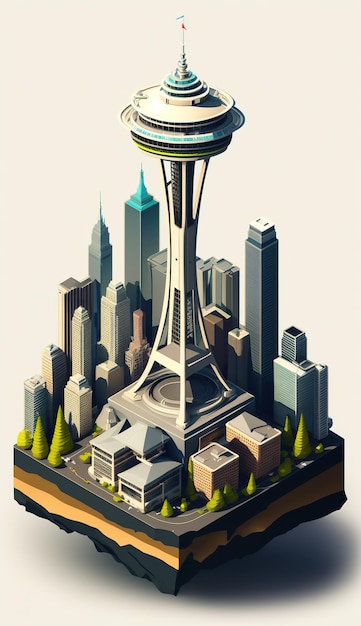 Un rendering dell'ago spaziale di Seattle su un paesaggio urbano.