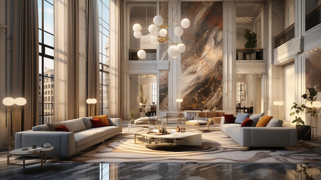 Un rendering della hall di un hotel di lusso.