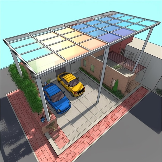 un rendering di un garage con due auto parcheggiate in esso generative ai